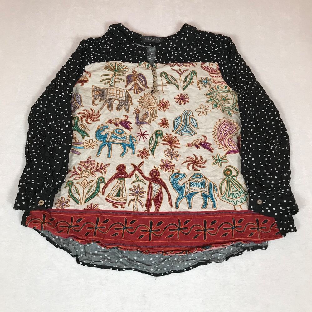 Gracila Folk Art Indian Madhubani Elephant Camel Polka Dot Boho Button Blouse